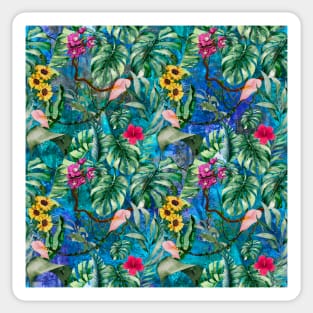 Cute tropical floral leaves botanical illustration, tropical plants,leaves and flowers, blue turquoise leaves pattern Over a Sticker